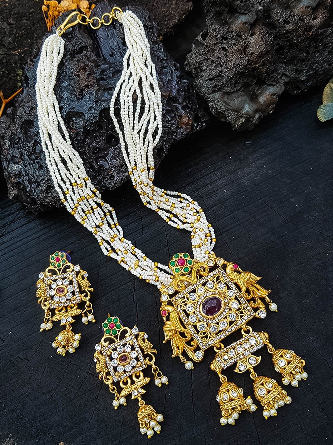 

GRIIHAM Gold-Plated Stone-Studded & Beaded Jewellery Set