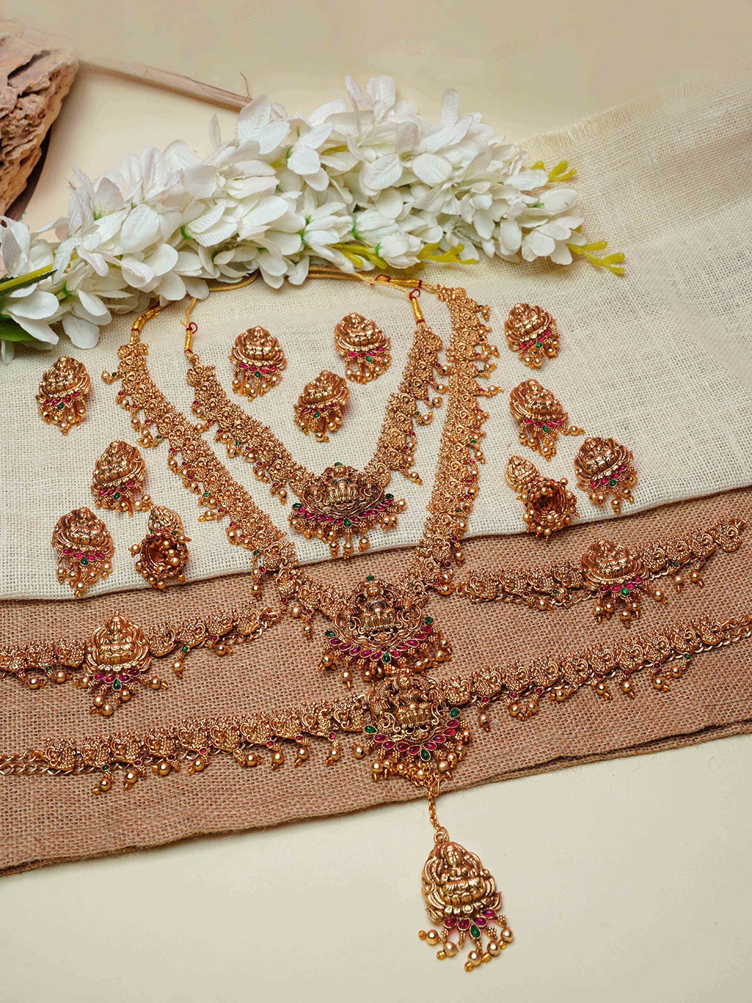

GRIIHAM Gold-Plated CZ Stone-Studded & Beaded Jewellery Set