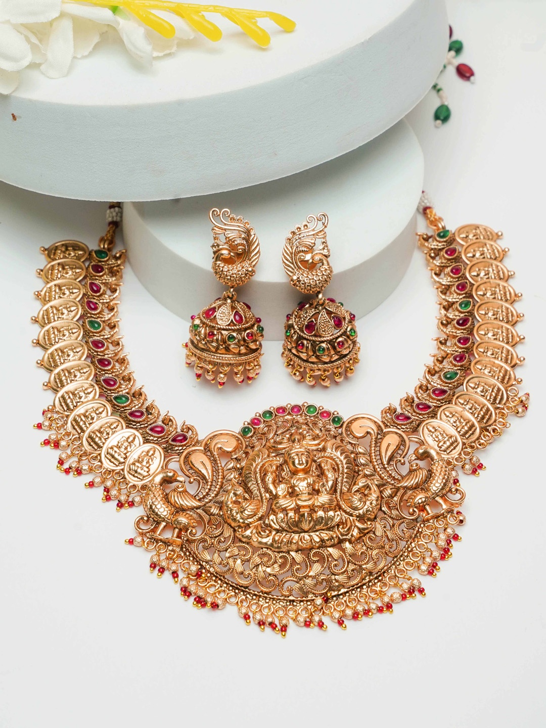 

GRIIHAM Gold-Plated American Diamond Studded Temple Necklace and Earrings