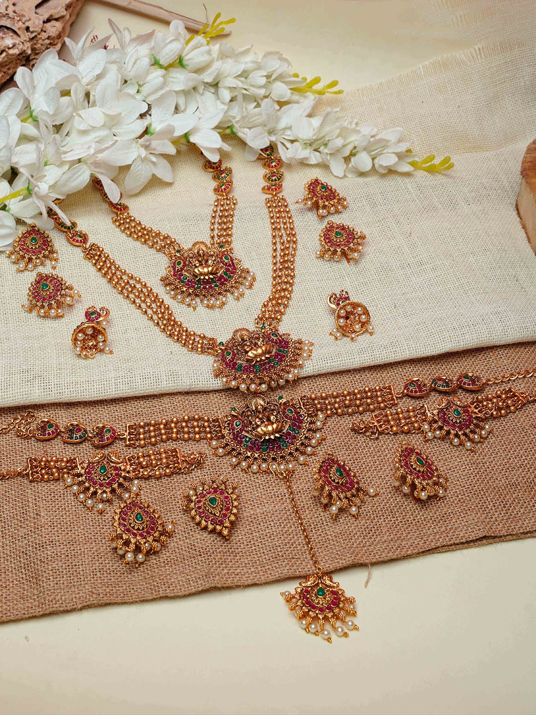 

GRIIHAM Gold-Plated CZ Stone-Studded & Beaded Jewellery Set