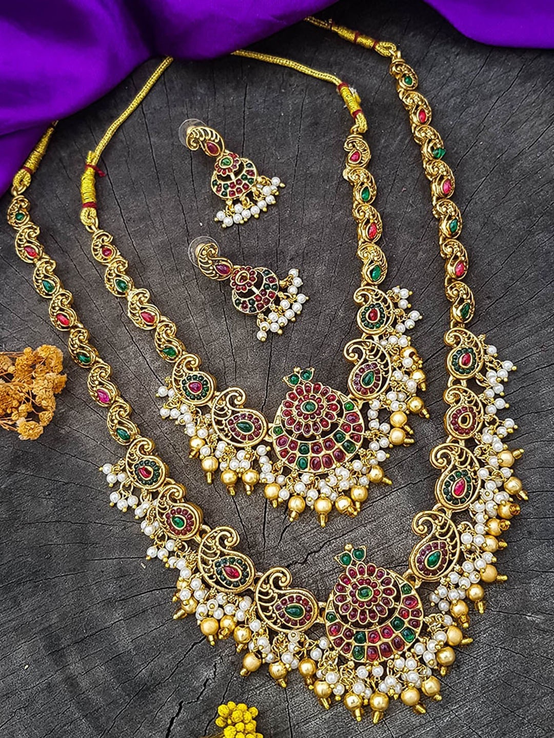 

GRIIHAM Gold-Plated American Diamond-Studded & Beaded Jewellery Set