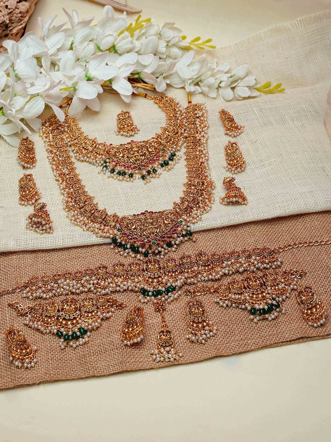 

GRIIHAM Gold-Plated CZ Stone-Studded & Beaded Jewellery Set