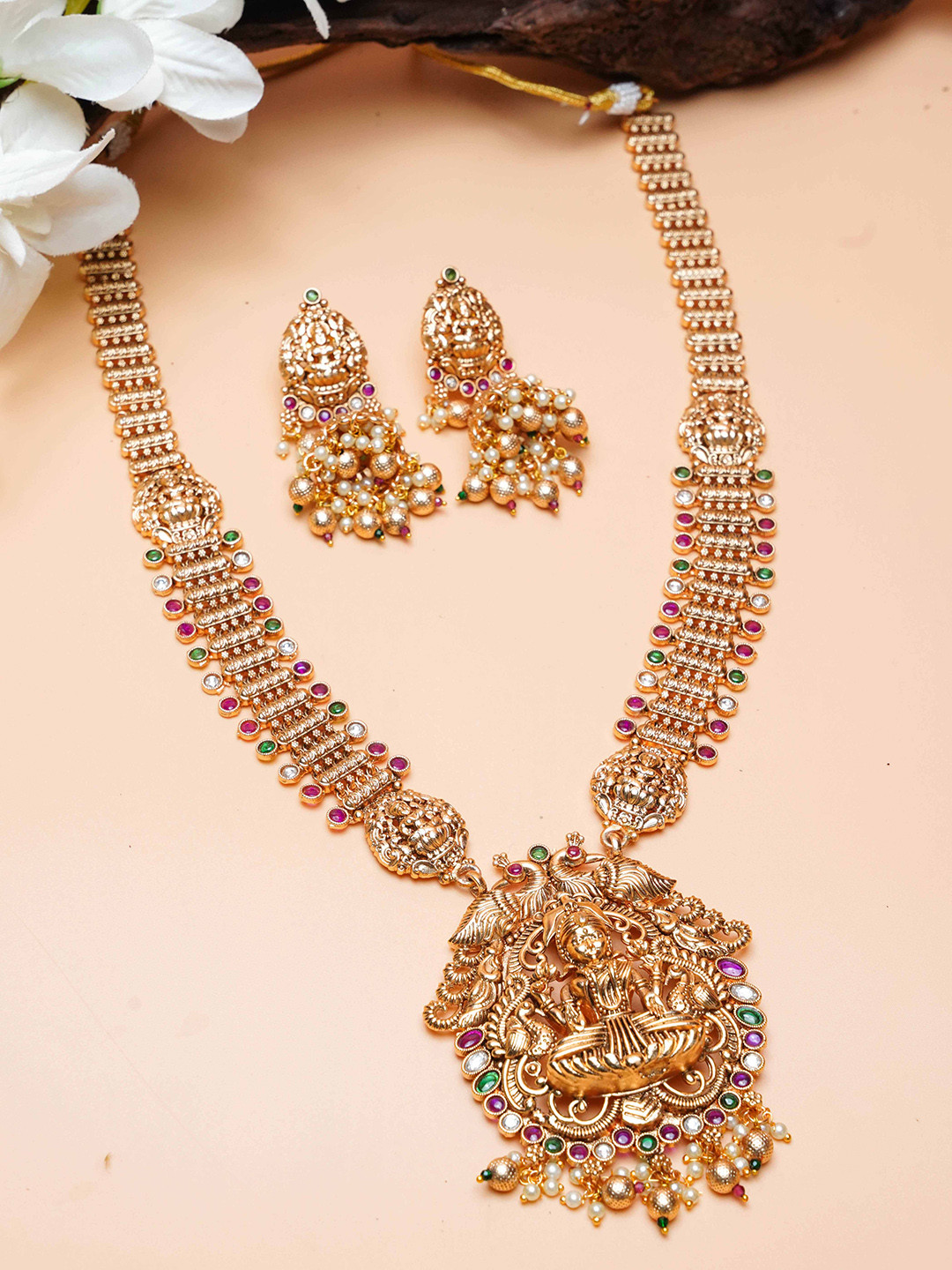 

GRIIHAM Gold-Plated American Diamond Studded Necklace and Earrings, Red