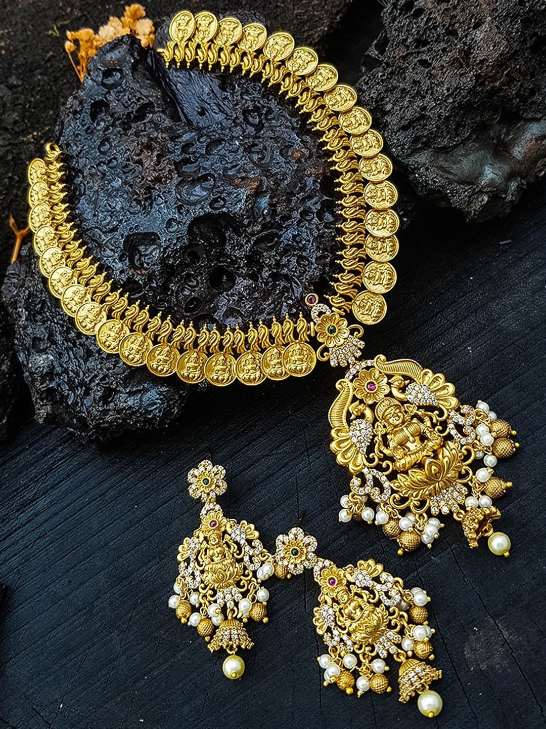 

GRIIHAM Gold-Plated CZ-Studded & Beaded Kasu Mala Jewellery Set