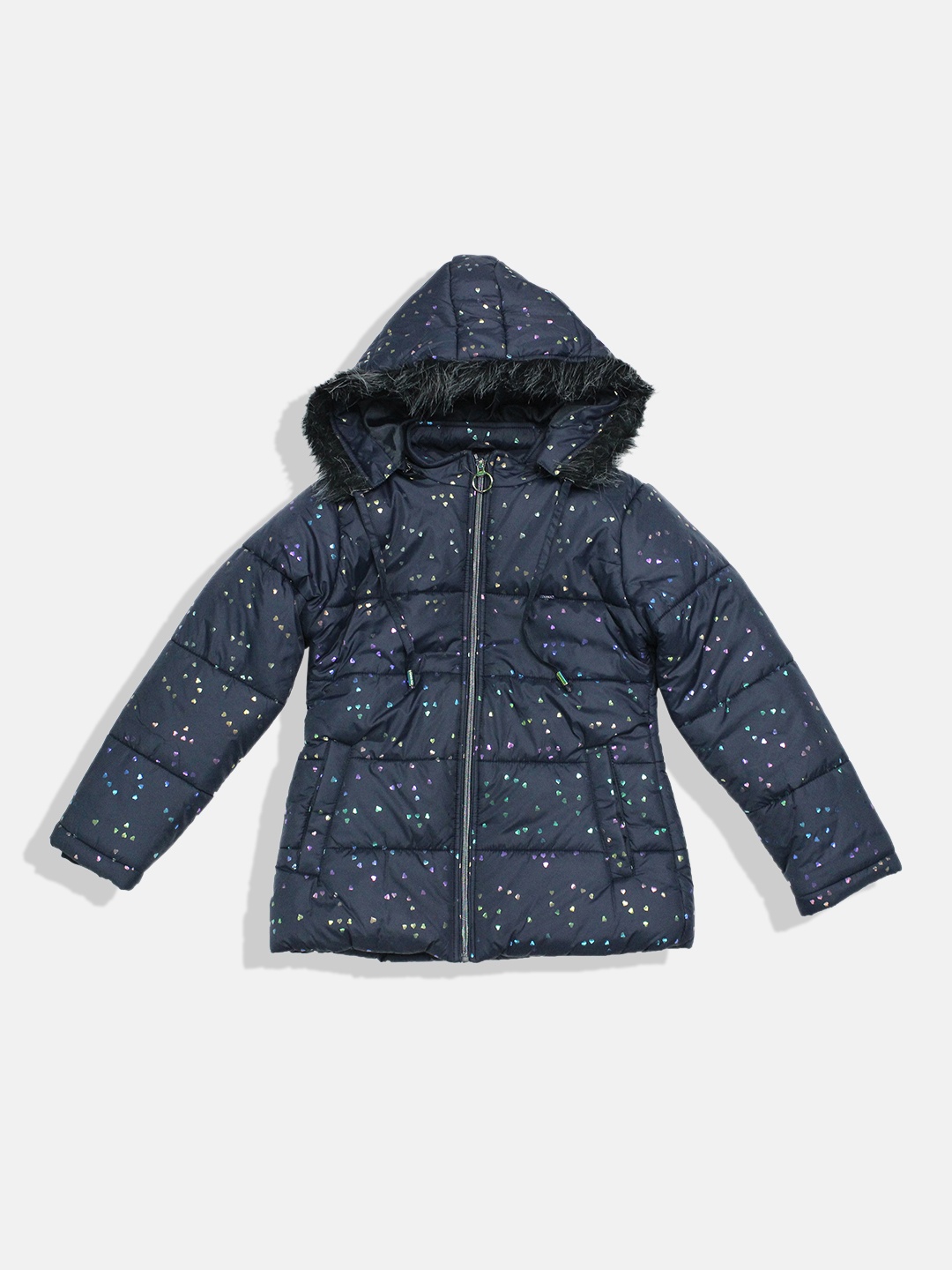 

Okane Girls Heart Printed Hooded Parka Jacket, Navy blue