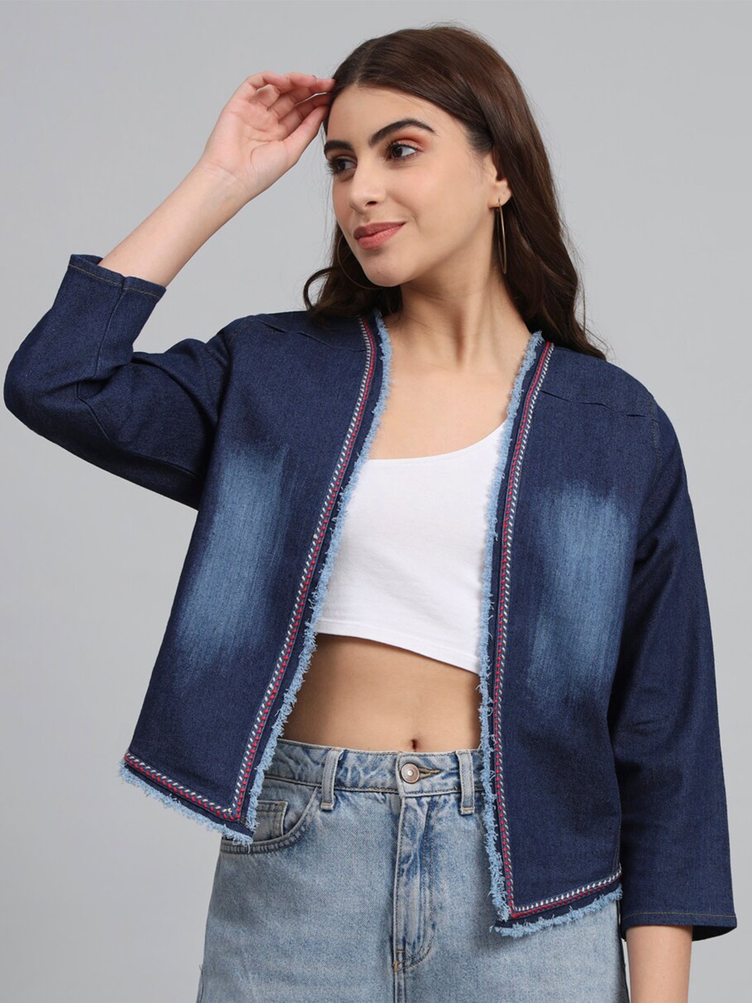 

urSense Cotton Crop Lace Detailed Shrug Straight Hem, Blue