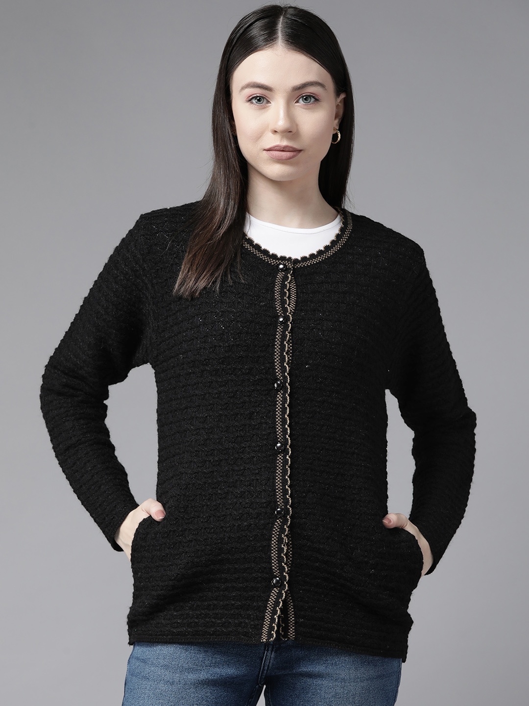 

Cayman Women Cable Knit Woollen Cardigan, Black