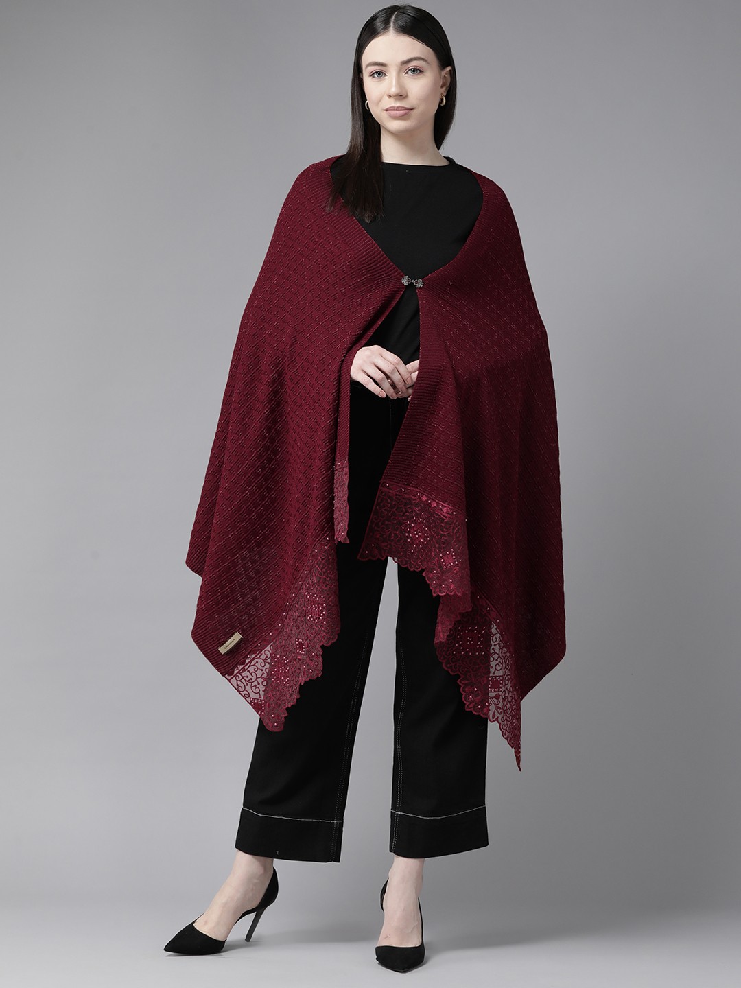 

Cayman Women Woollen Longline Poncho, Maroon