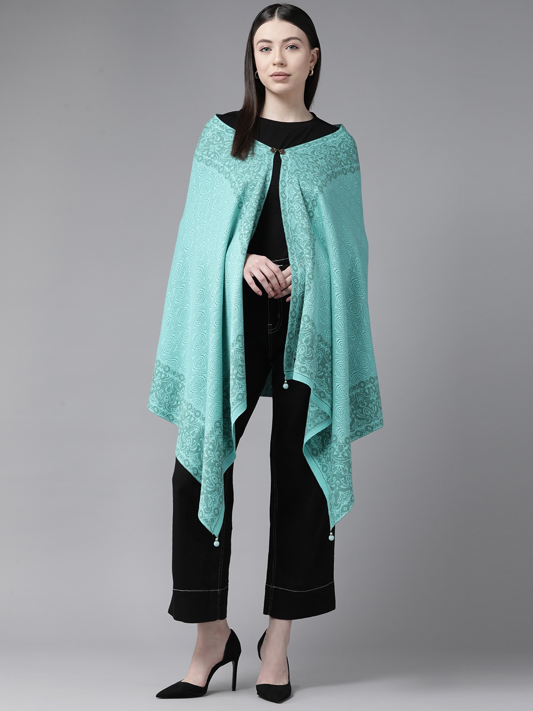 

Cayman Women Cable Knit Woollen Longline Poncho, Turquoise blue