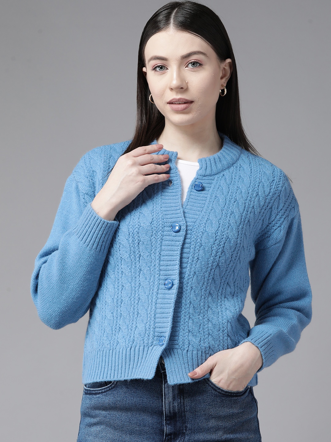 

Cayman Women Cable Knit Woollen Cardigan, Turquoise blue