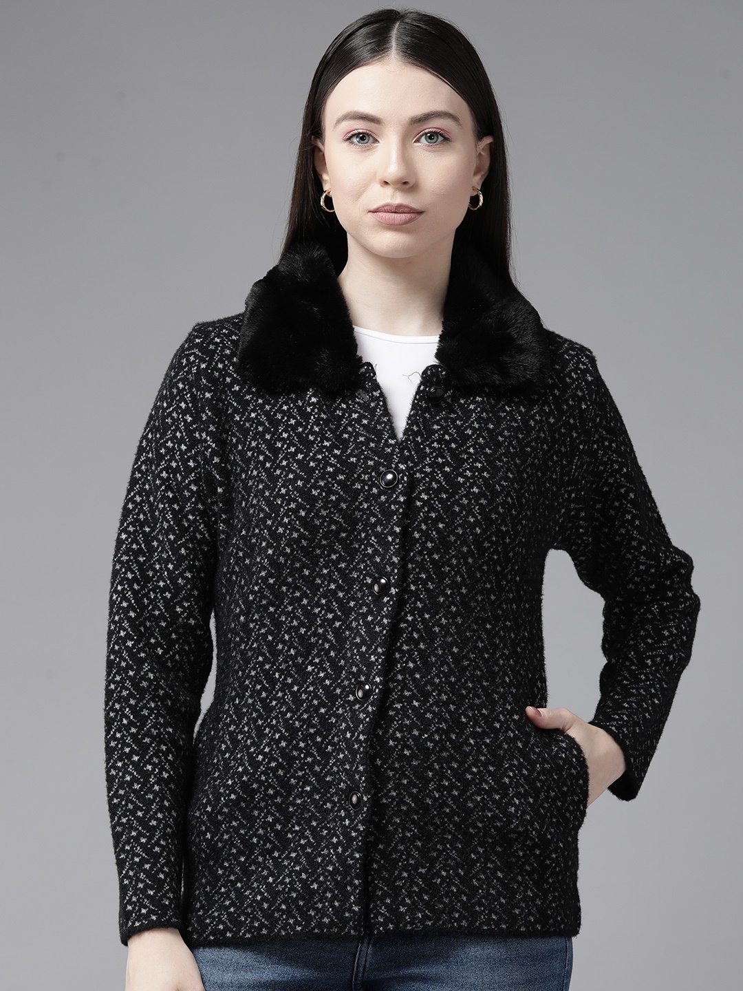 

Cayman Women Self Design Woollen Cardigan with Faux Fur Detail, Black