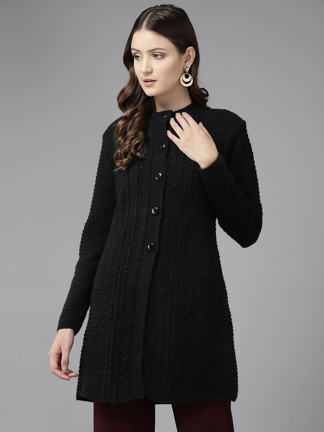 

Cayman Women Cable Knit Woollen Longline Cardigan, Black