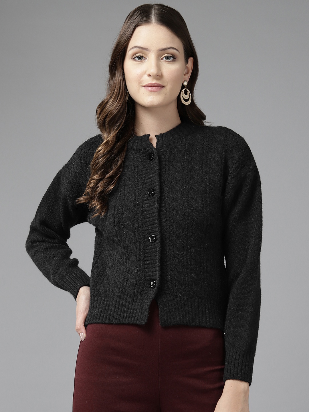 

Cayman Women Cable Knit Woollen Cardigan, Black
