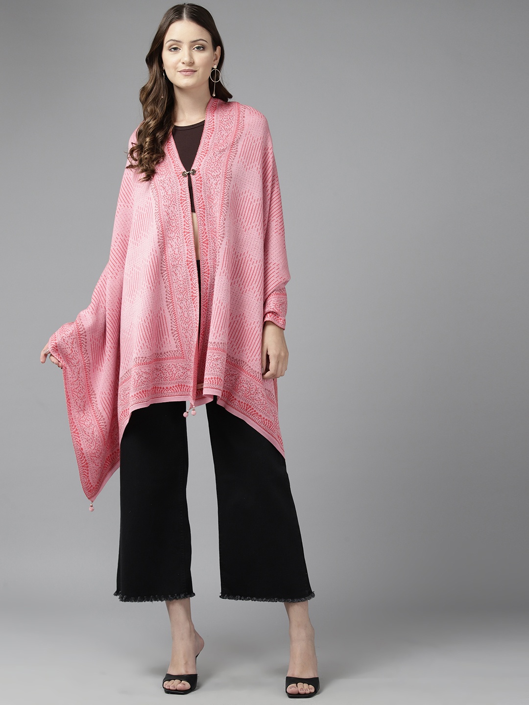 

Cayman Women Floral Printed Woollen Longline Poncho, Pink