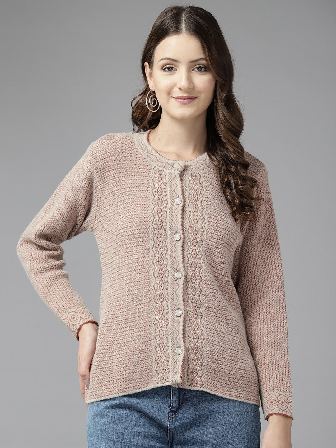 

Cayman Women Cable Knit Woollen Cardigan, Camel brown