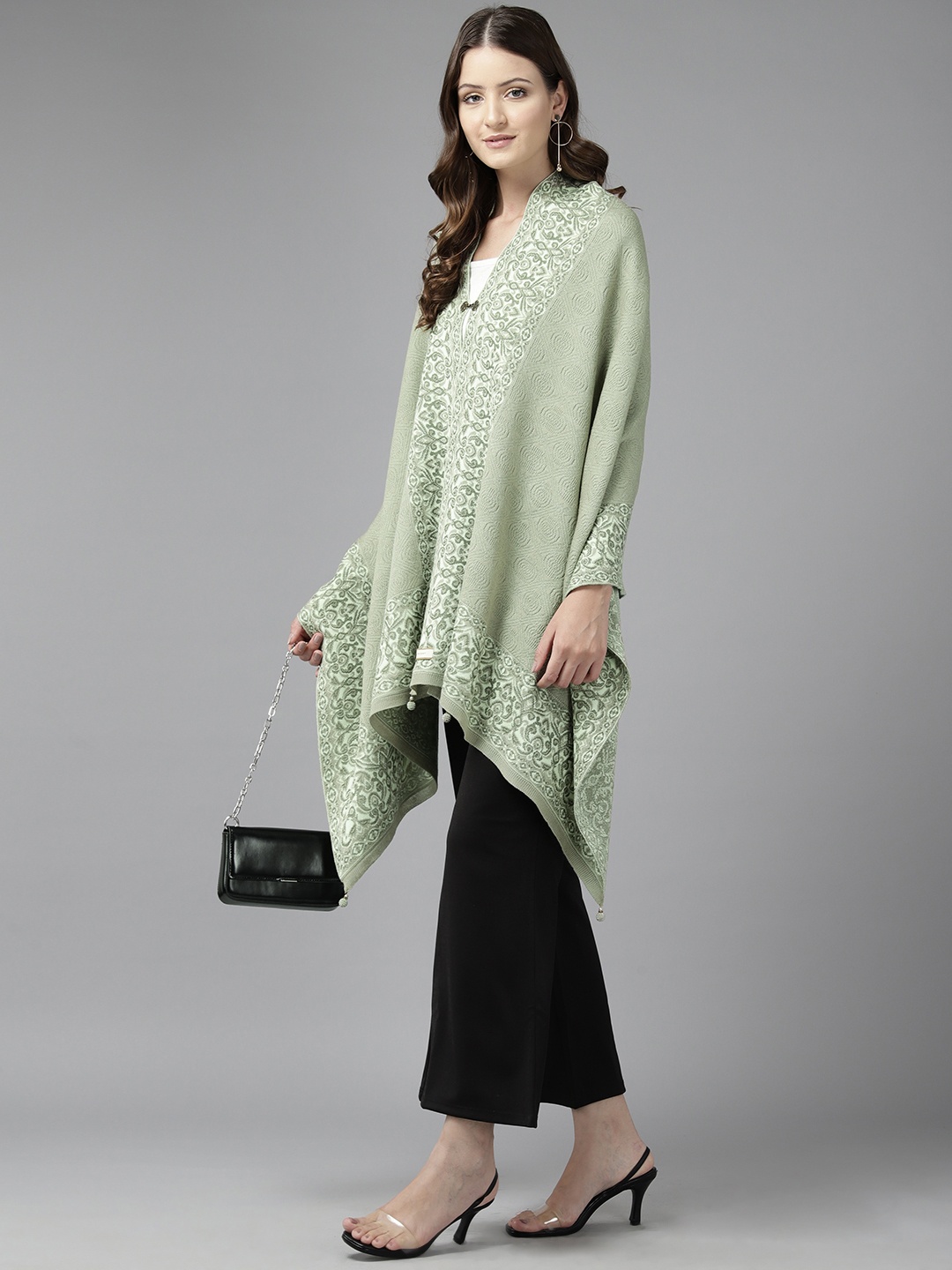 

Cayman Women Floral Printed Woollen Longline Poncho, Beige
