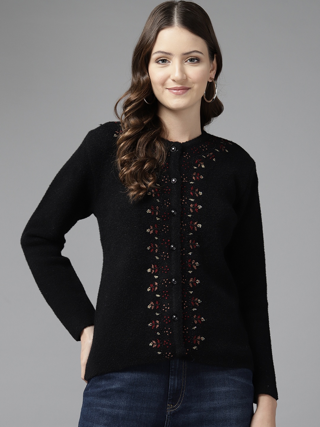 

Cayman Women Floral Woollen Cardigan, Black