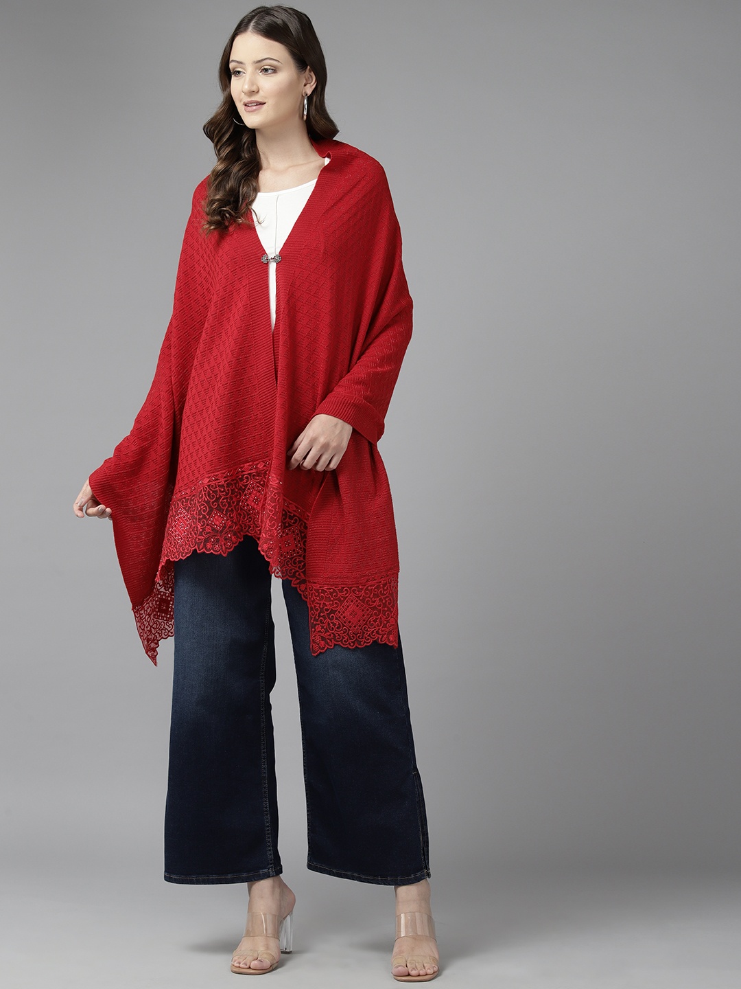 

Cayman Women Woollen Longline Poncho, Red