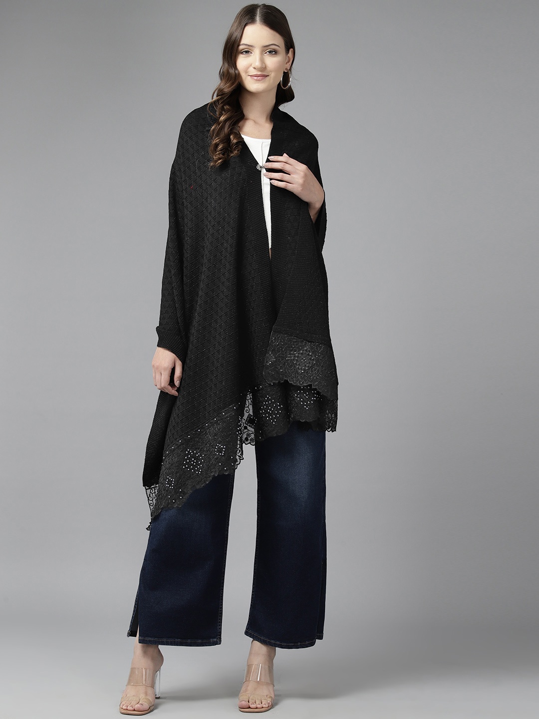

Cayman Women Floral Printed Woollen Longline Poncho, Black