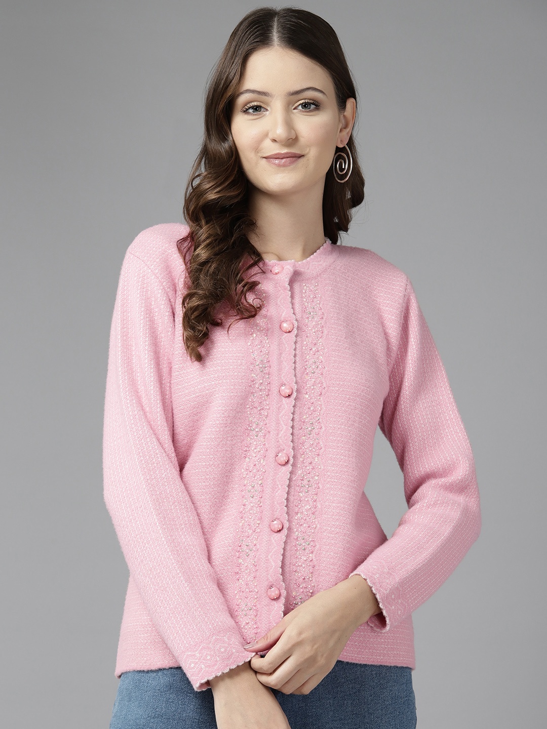 

Cayman Women Cable Knit Woollen Cardigan, Pink