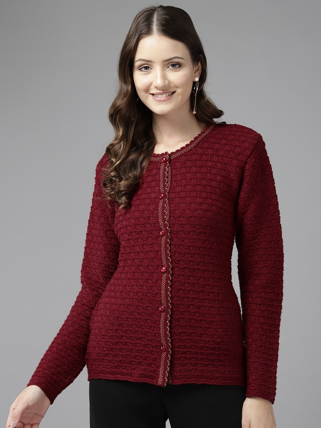 

Cayman Women Cable Knit Woollen Cardigan, Maroon