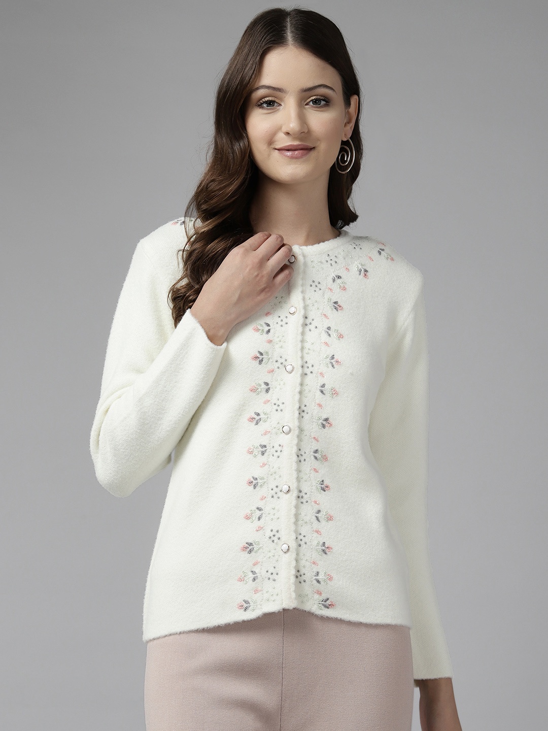 

Cayman Women Floral Woollen Cardigan with Embroidered Detail, White
