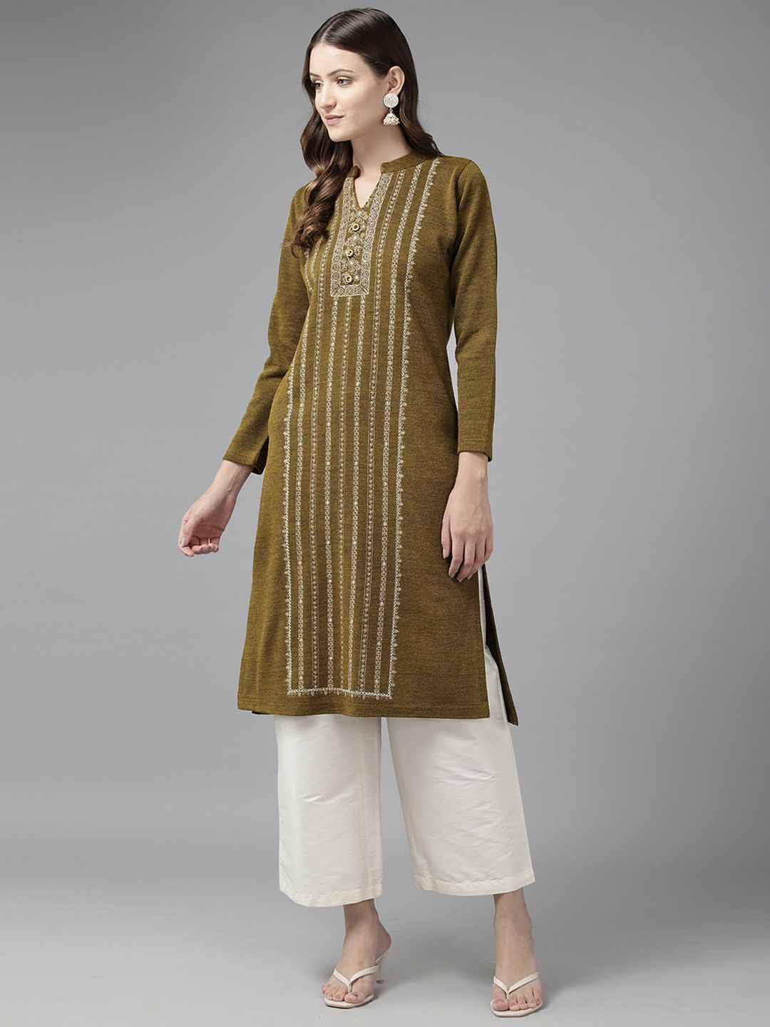 

Cayman Women Ethnic Motifs Printed Woollen Kurta, Olive