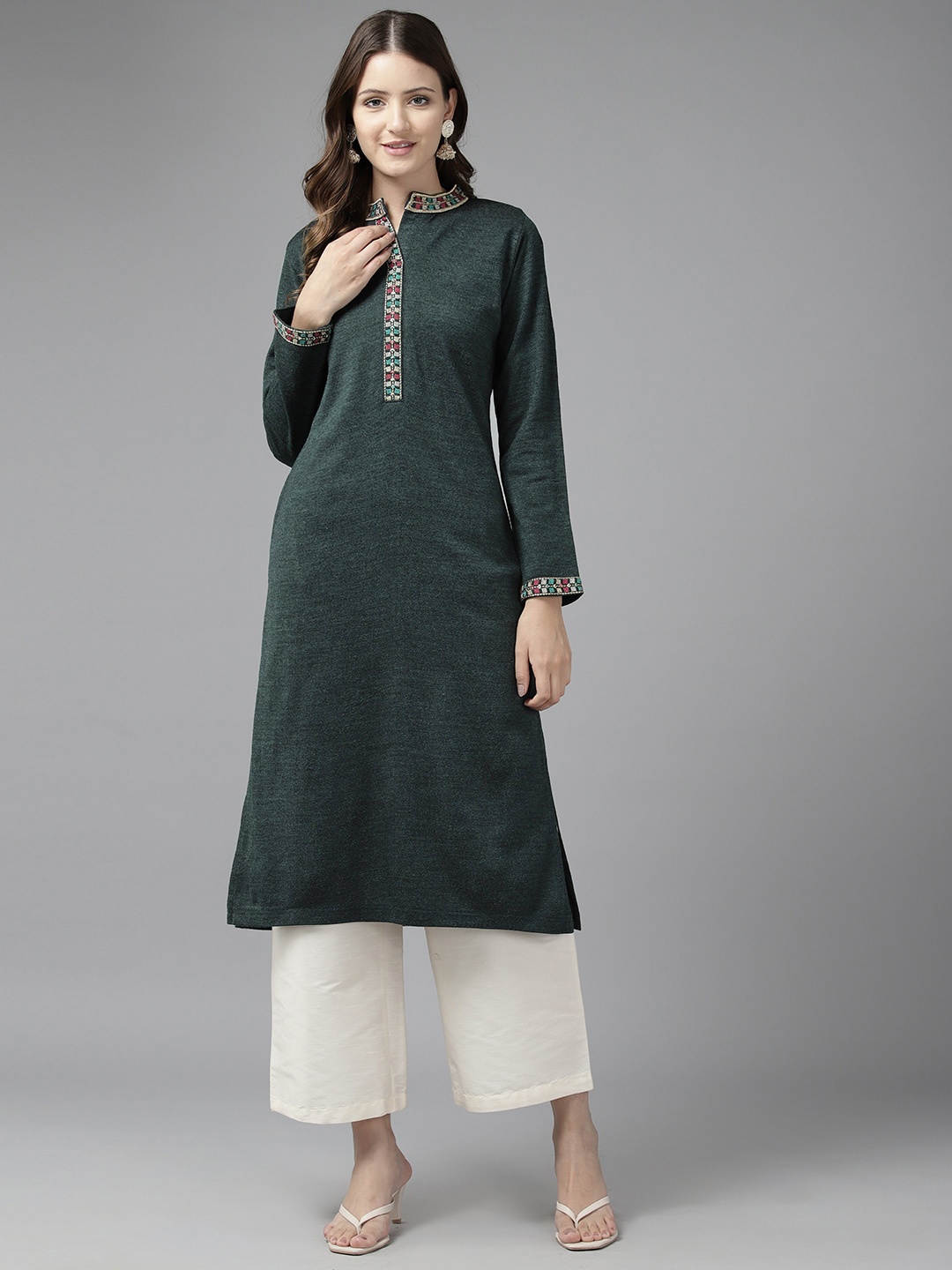 

Cayman Women Embroidered Woollen Kurta, Green