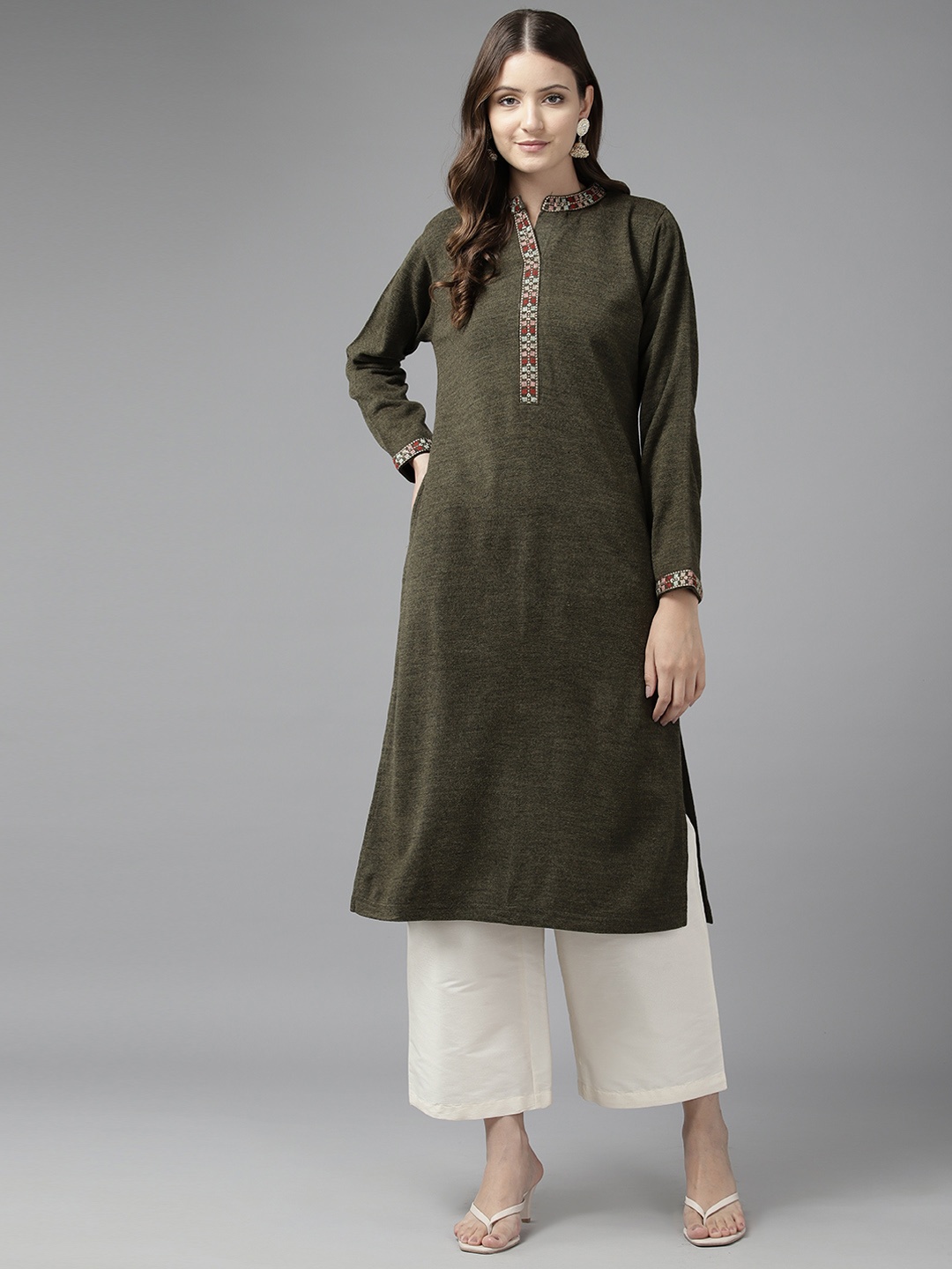 

Cayman Women Yoke Design Woollen Kurta, Olive