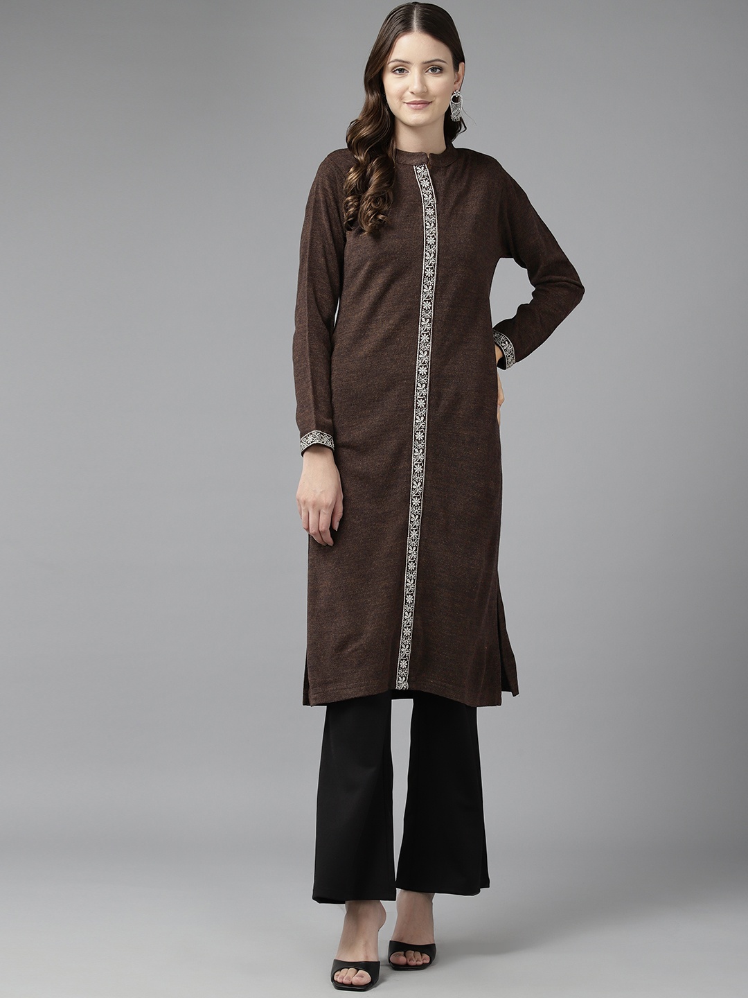 

Cayman Women Floral Embroidered Woollen Kurta, Coffee brown