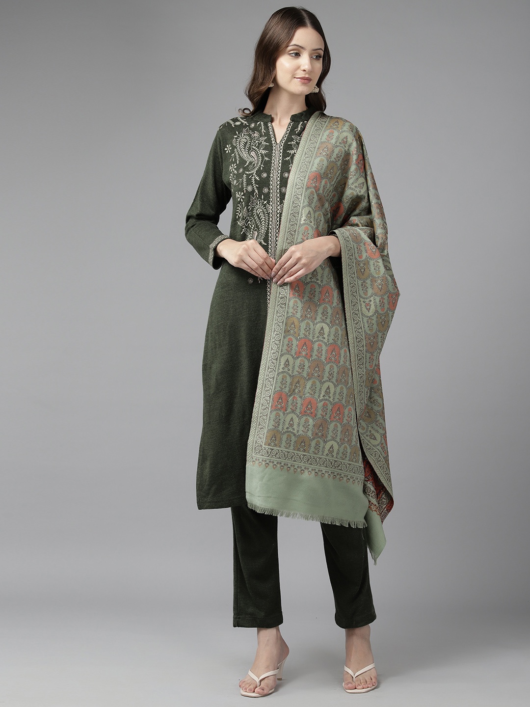 

Cayman Paisley Printed Regular Pure Wool Kurta with Trousers & Dupatta, Olive