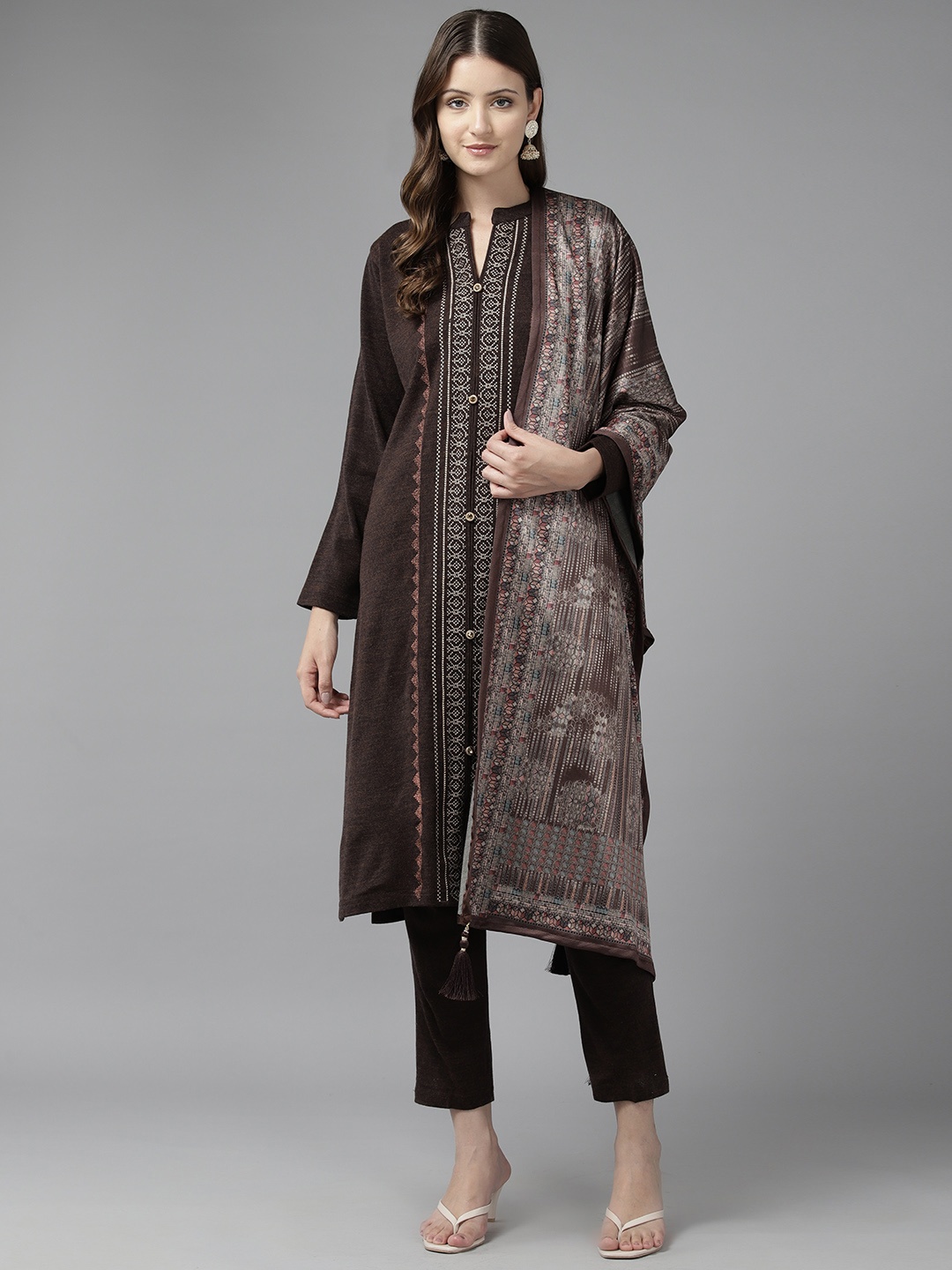 

Cayman Woven Design Regular Pure Wool Kurta with Trousers & Dupatta, Coffee brown