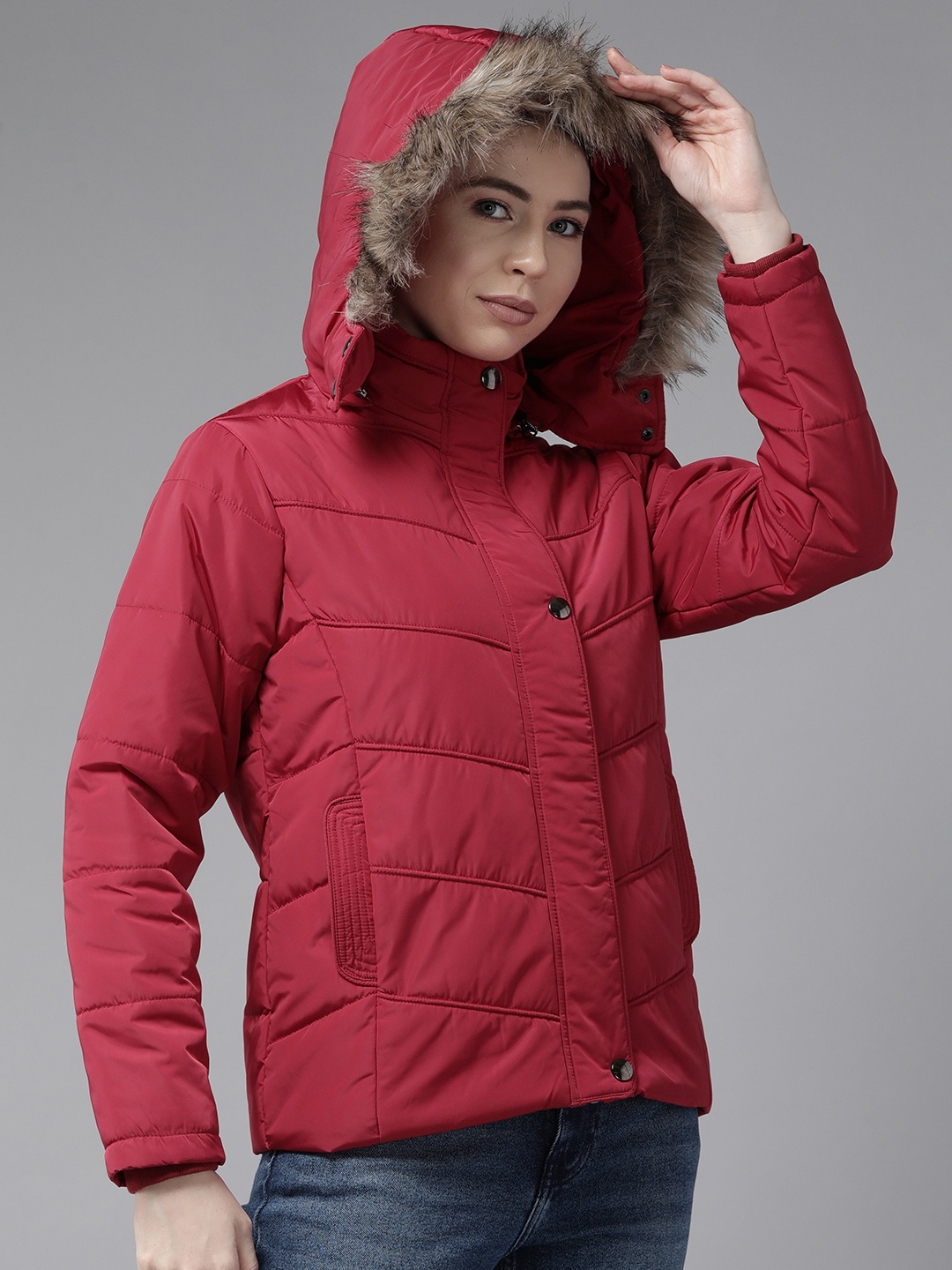 

Cayman Women Solid Faux Fur Parka Jacket, Red