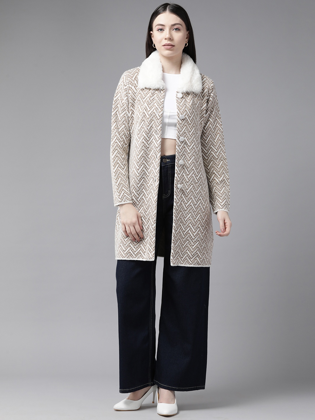 

Cayman Women Printed Woollen Longline Cardigan, Camel brown