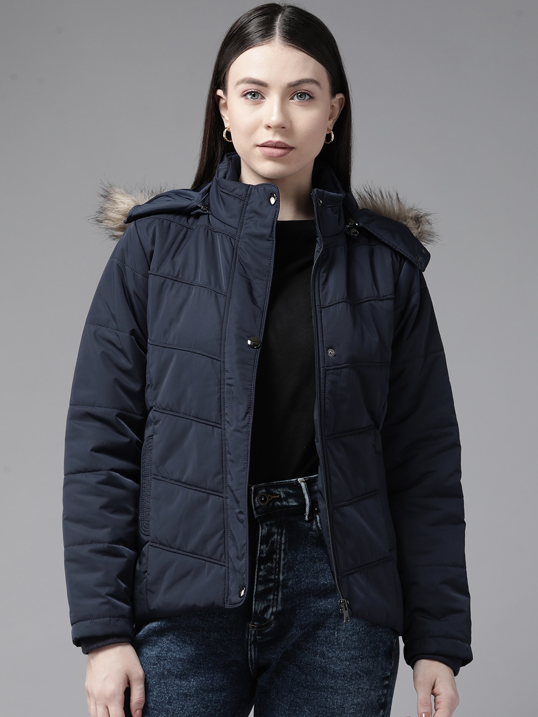 

Cayman Women Solid Fur Woollen Quilted Jacket, Navy blue