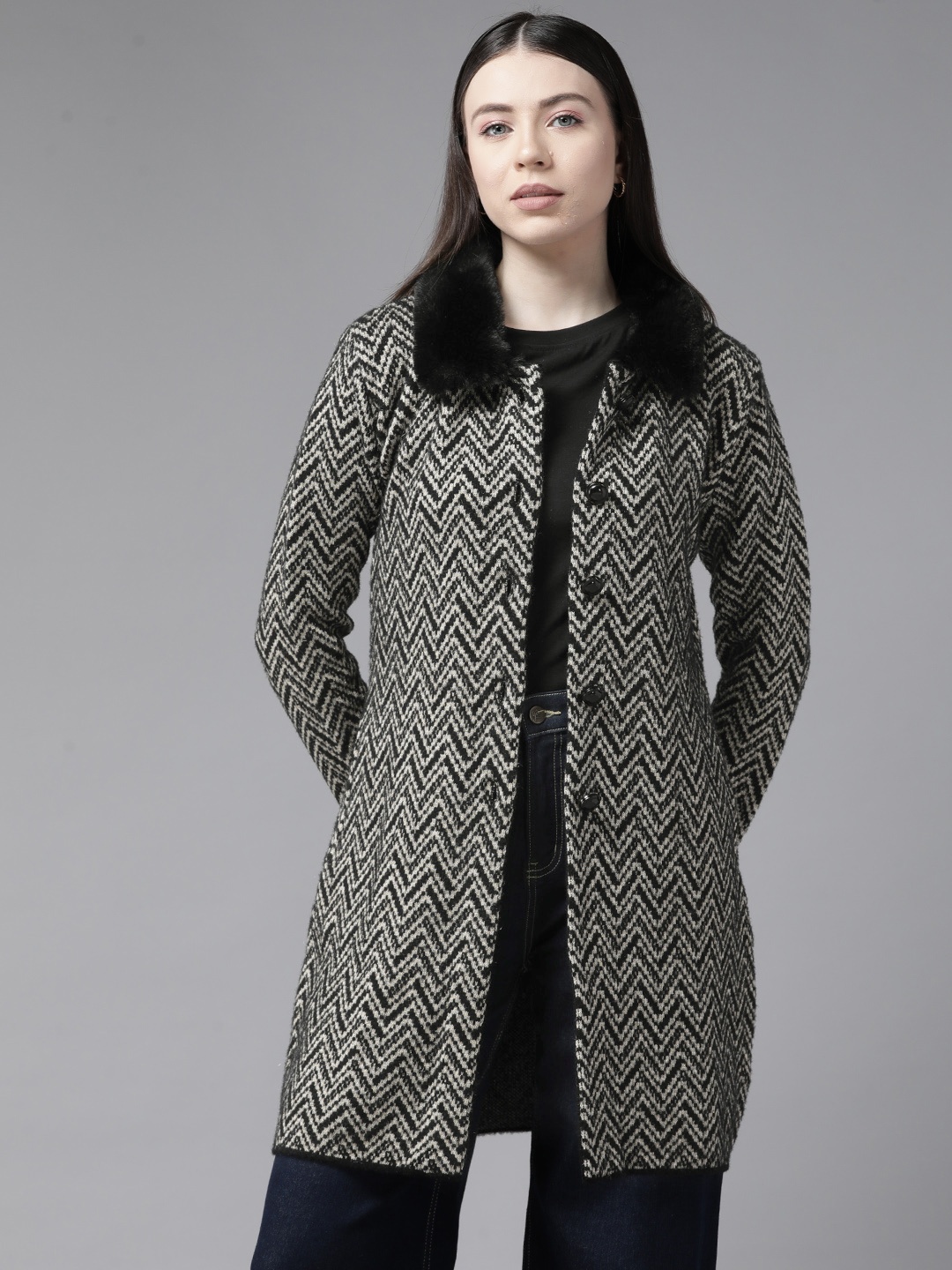 

Cayman Women Chevron Printed Fur Woollen Longline Jacket, Black