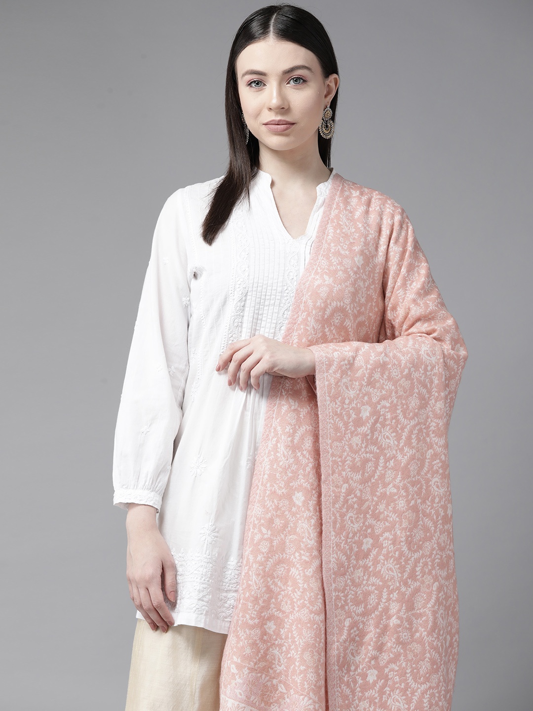 

Cayman Ethnic Motifs Woven Design Woollen Shawl, Pink