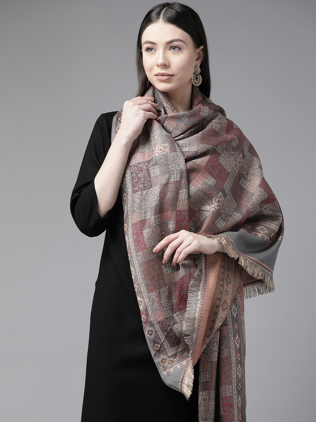

Cayman Women Ethnic Motifs Woven Design Woollen Shawl, Grey