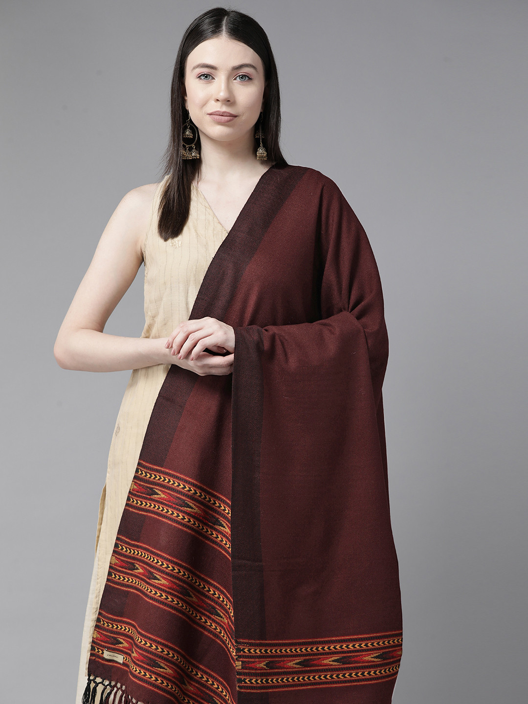 

Cayman Women Woven Design Woollen Shawl, Coffee brown