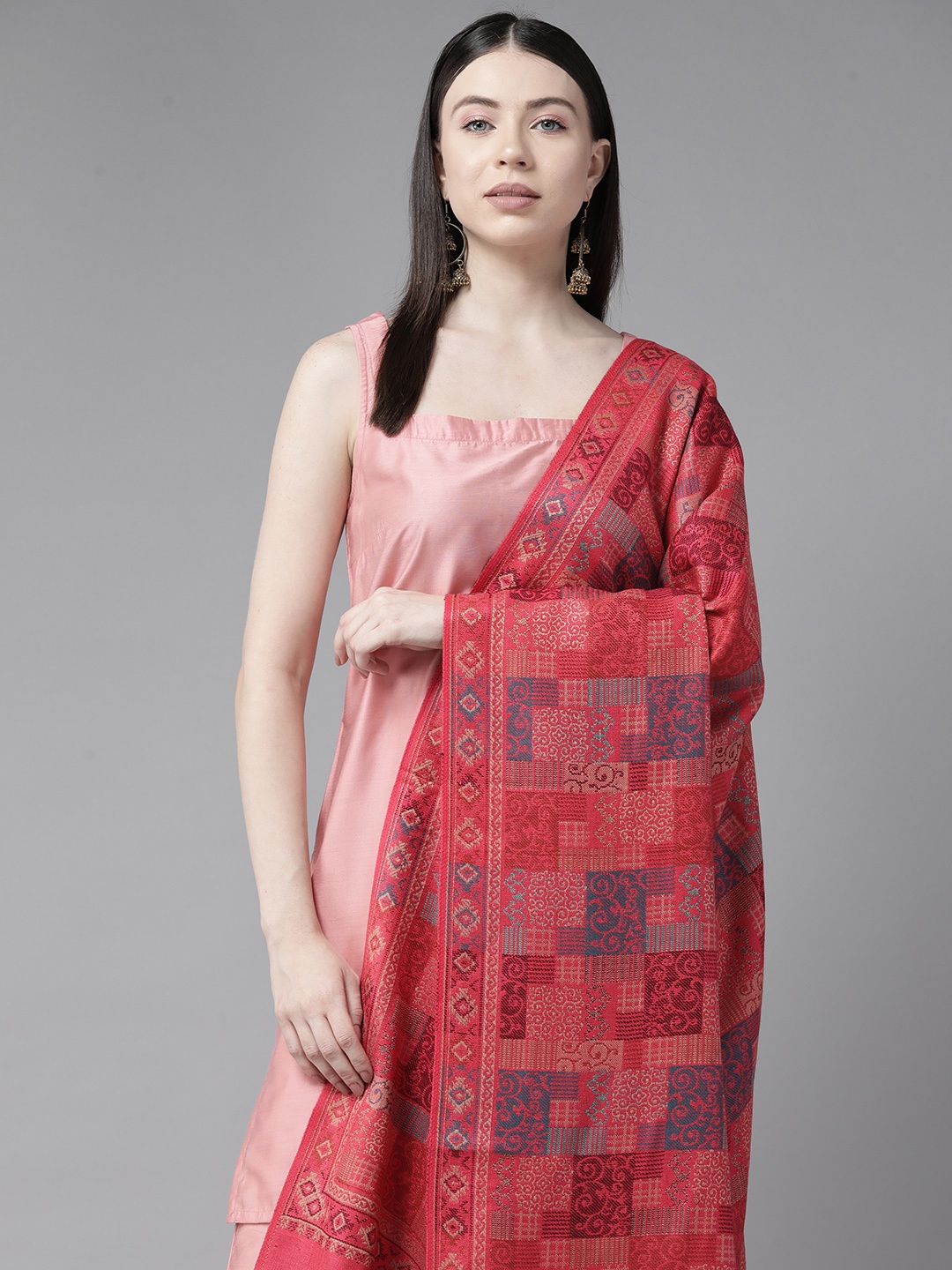 

Cayman Women Ethnic Motifs Woven Design Woollen Shawl, Coral