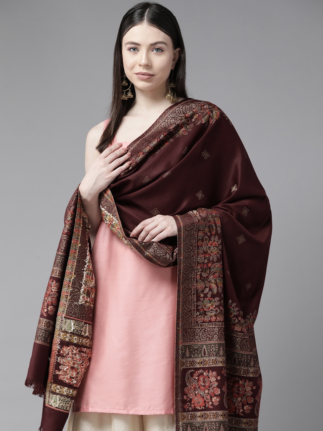 

Cayman Floral Woven Design Woollen Stole, Burgundy