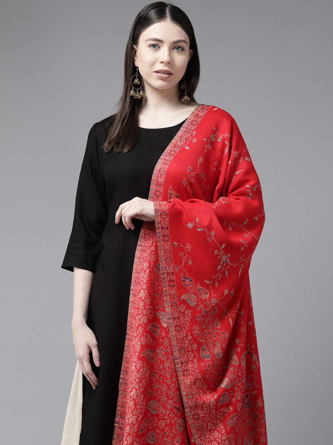 

Cayman Ethnic Motifs Woven Design Woollen Stole, Red