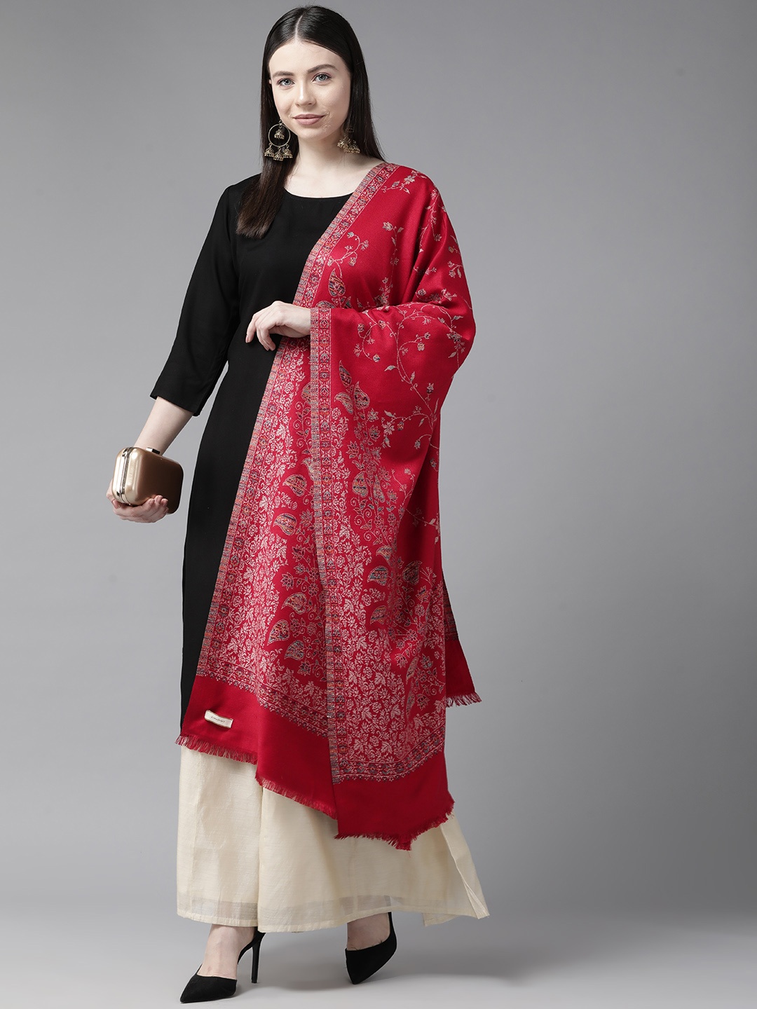 

Cayman Ethnic Motifs Woven Design Woollen Stole, Red