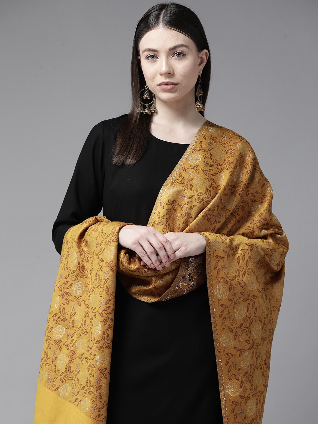 

Cayman Floral Woven Design Woollen Stole, Mustard