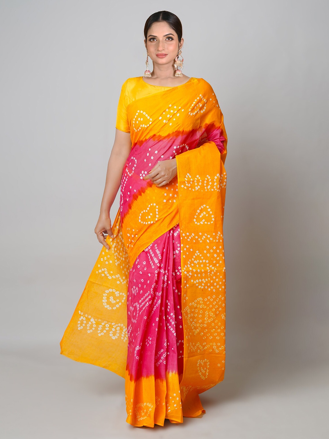

Unnati Silks Pink & Yellow Bandhani Pure Cotton Handloom Bandhani Saree