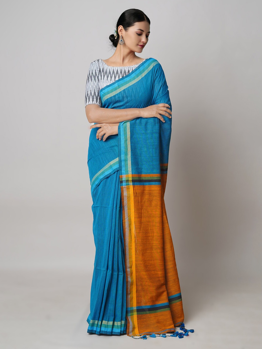 

Unnati Silks Blue & Orange Woven Design Pure Cotton Handloom Jamdani Saree