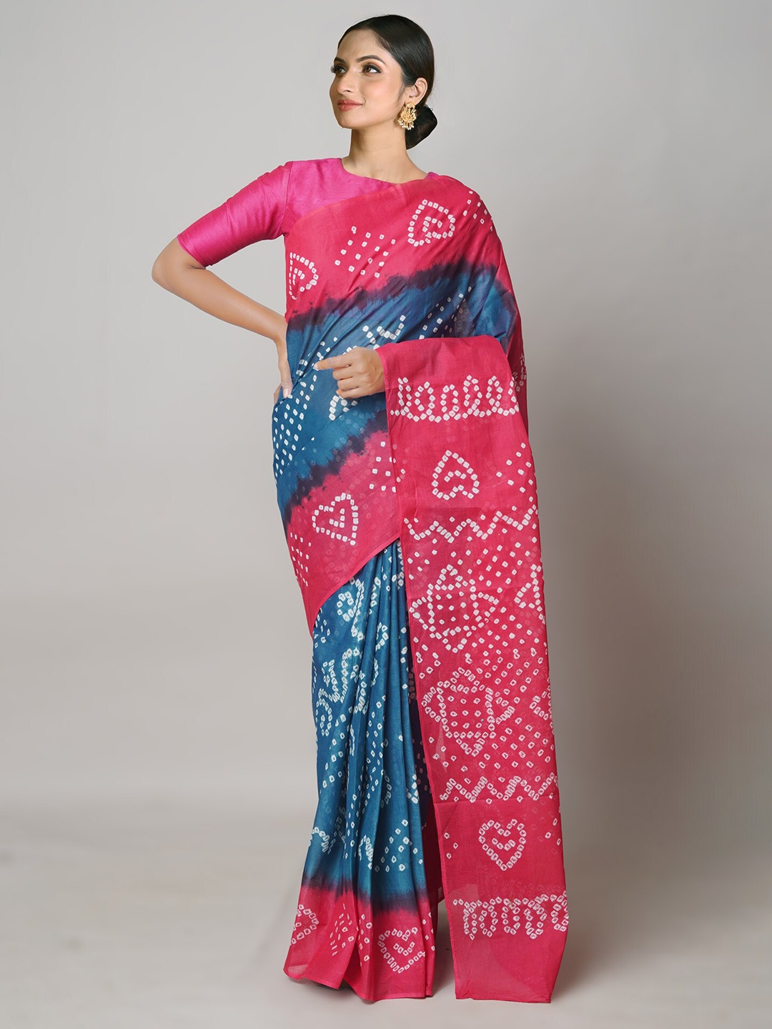 

Unnati Silks Blue & Pink Bandhani Pure Cotton Handloom Bandhani Saree