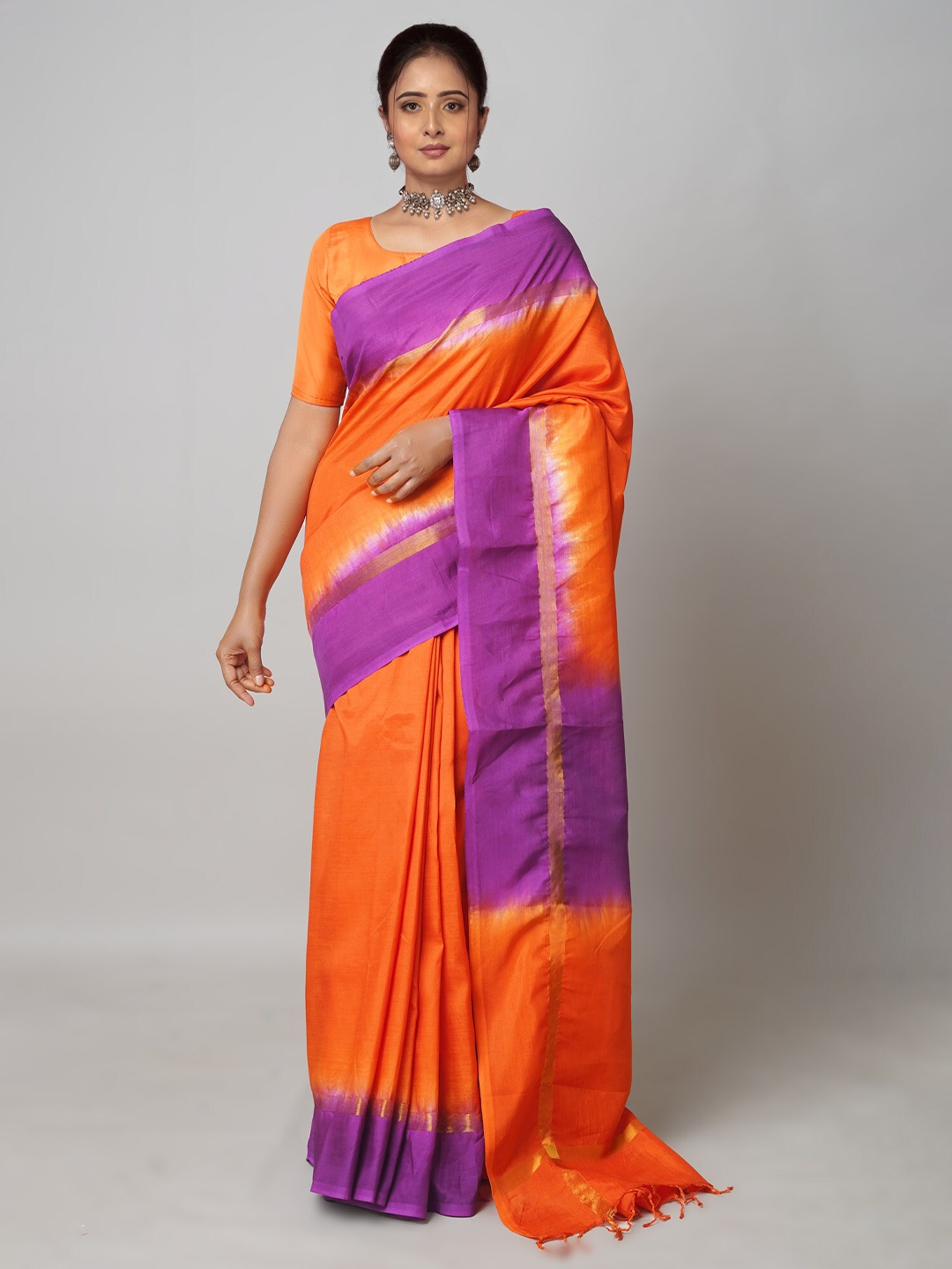 

Unnati Silks Orange & Purple Tie and Dye Zari Silk Blend Mangalagiri Saree