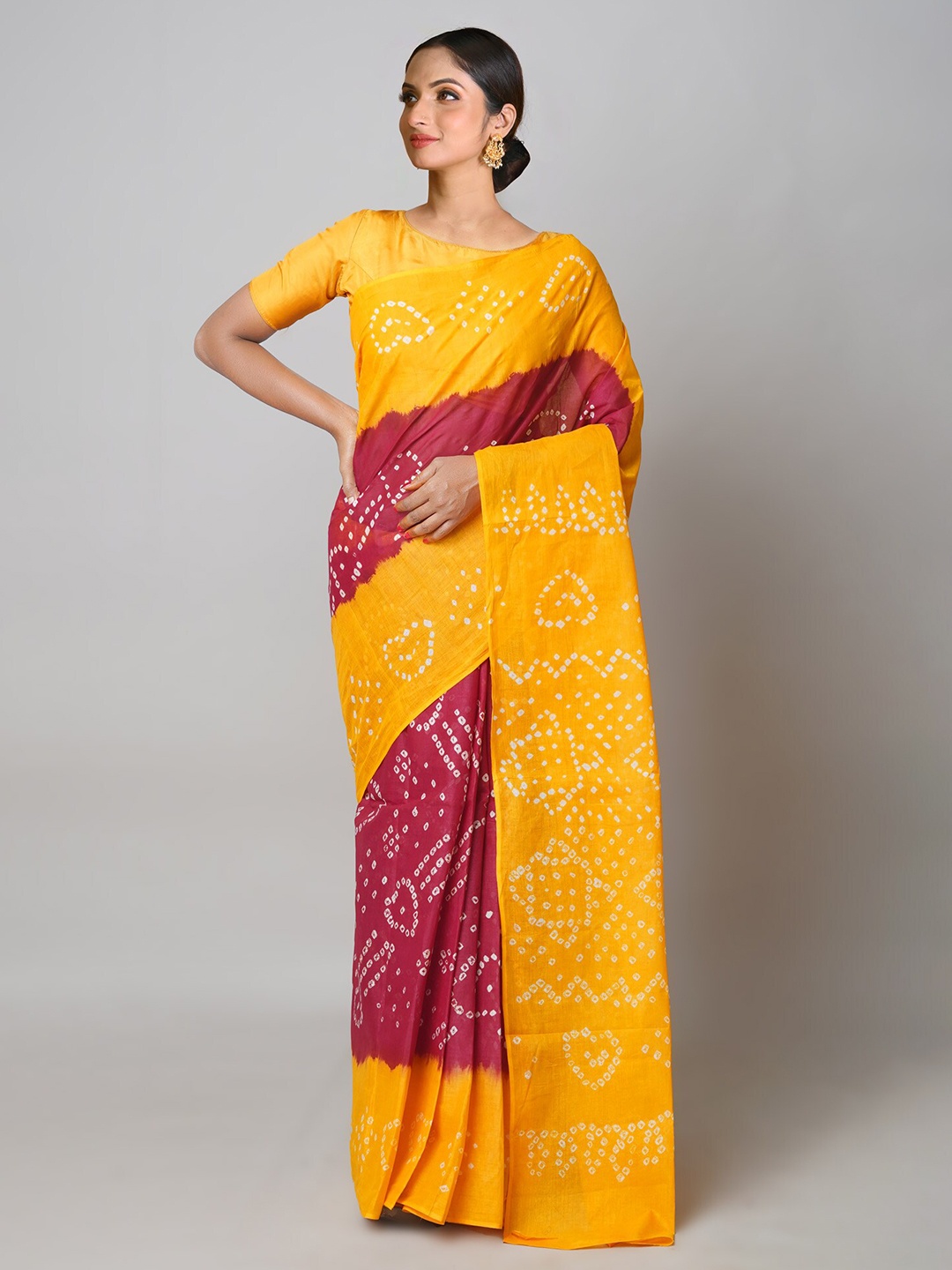 

Unnati Silks Maroon & Yellow Bandhani Pure Cotton Handloom Bandhani Saree