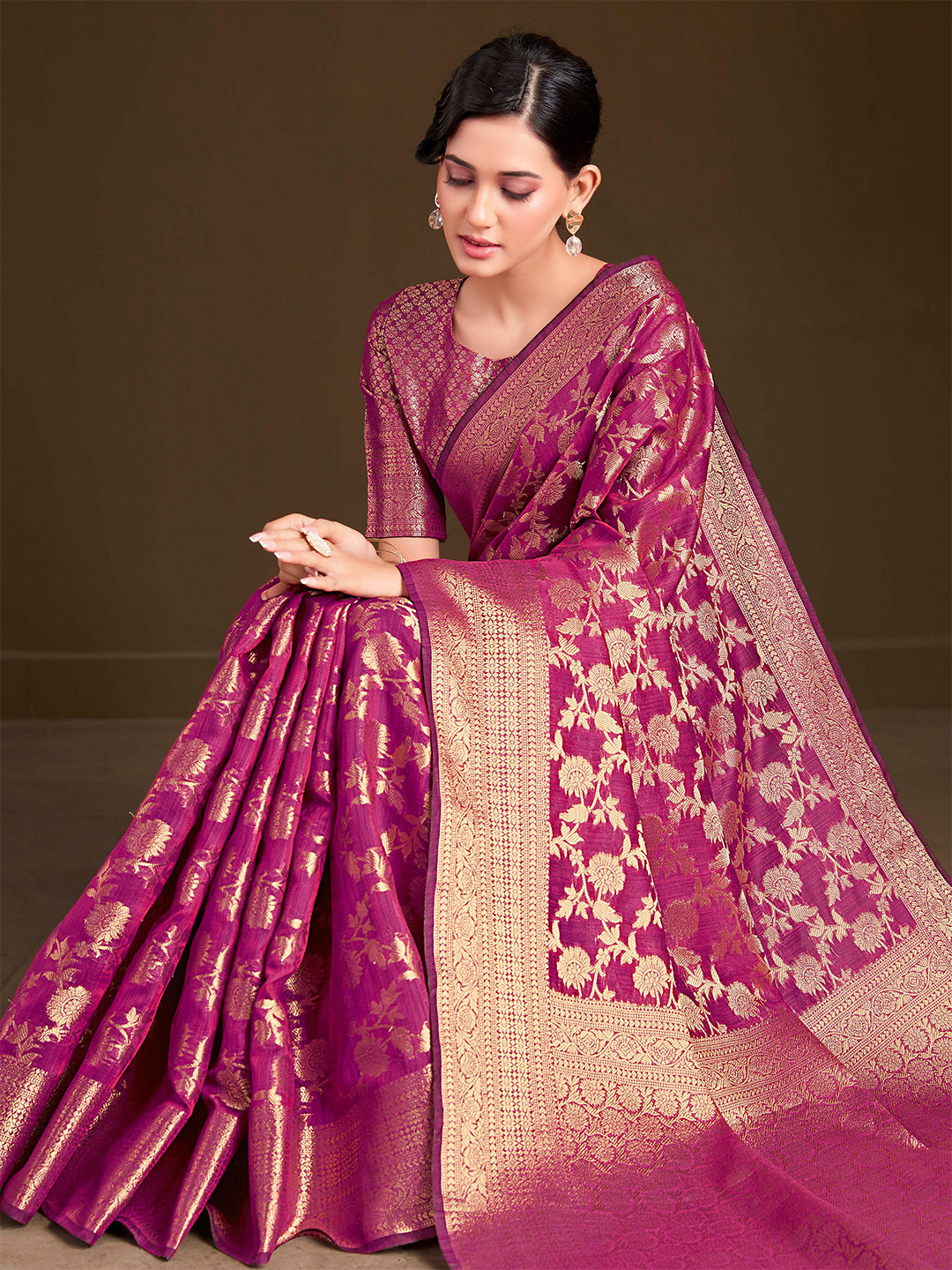 

Sangria Floral Woven Design Sarees, Magenta